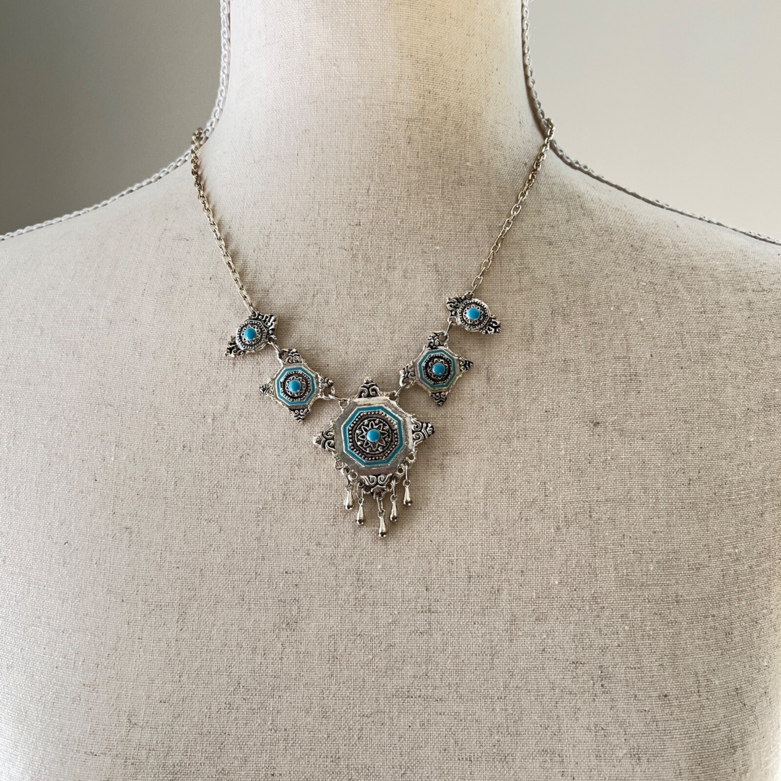 Boho Ethnic Moroccan Blue Black Enamel Silver Tone Bib 20″ Necklace