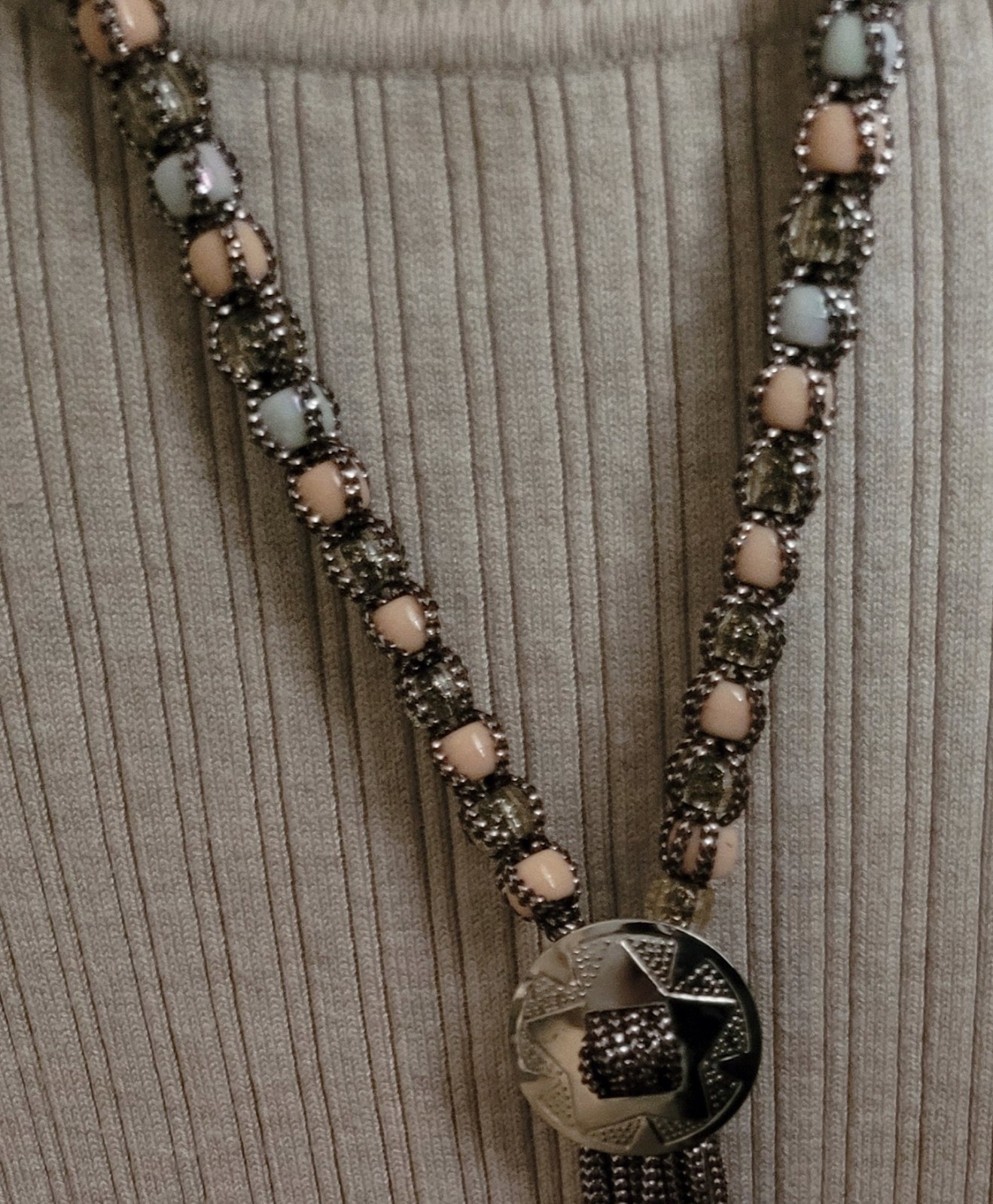 Vintage Western Bolo Tie Brown Silver Cord Silver Tone Concho Beaded Necklace