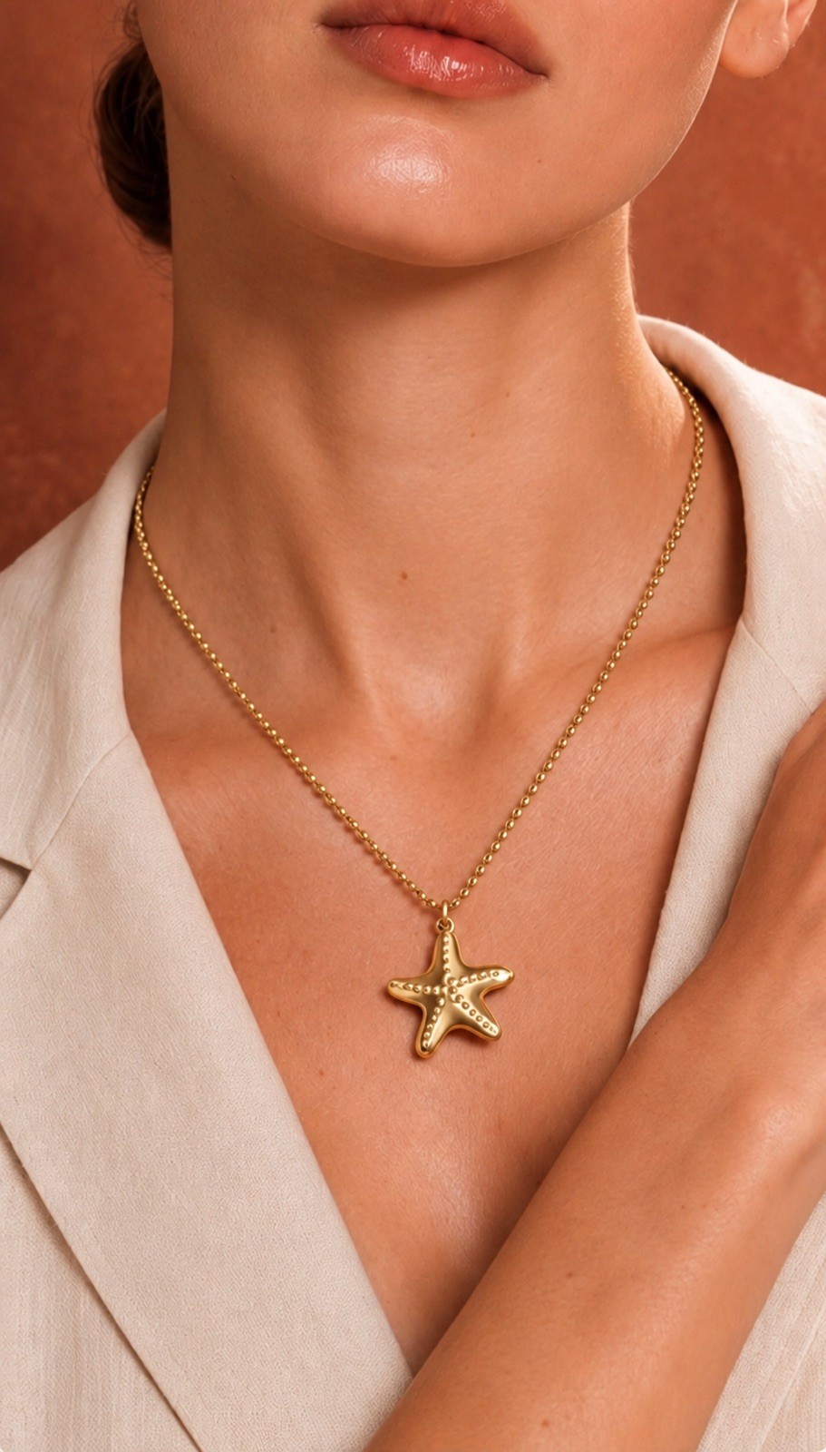 Gold Starfish Pendant Necklace 316L Surgical Steel Adjustable 15+1+1 in Beach