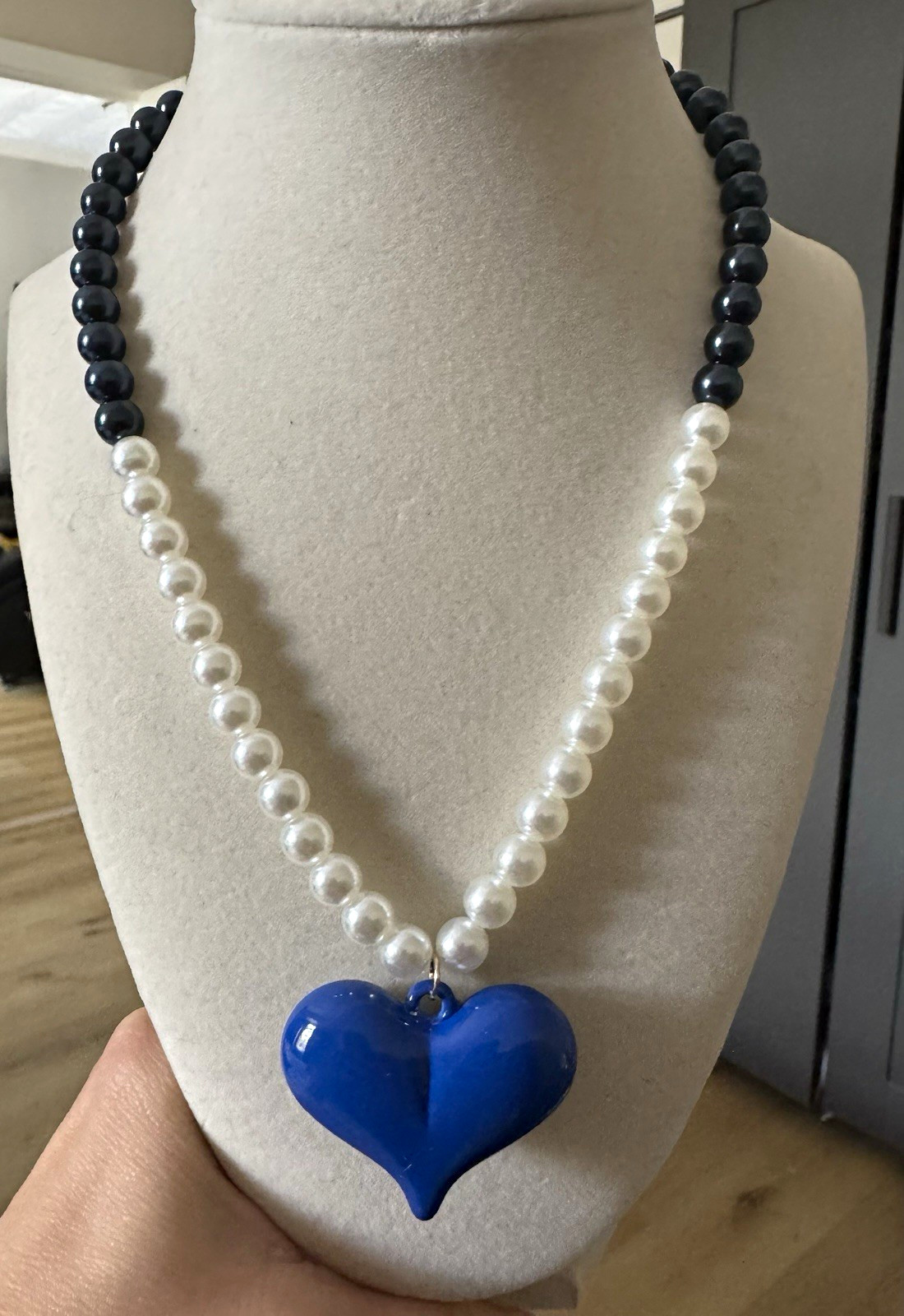 Black & White Plastic Bead Necklace w/ Blue Heart Charm Pendant, No Stone