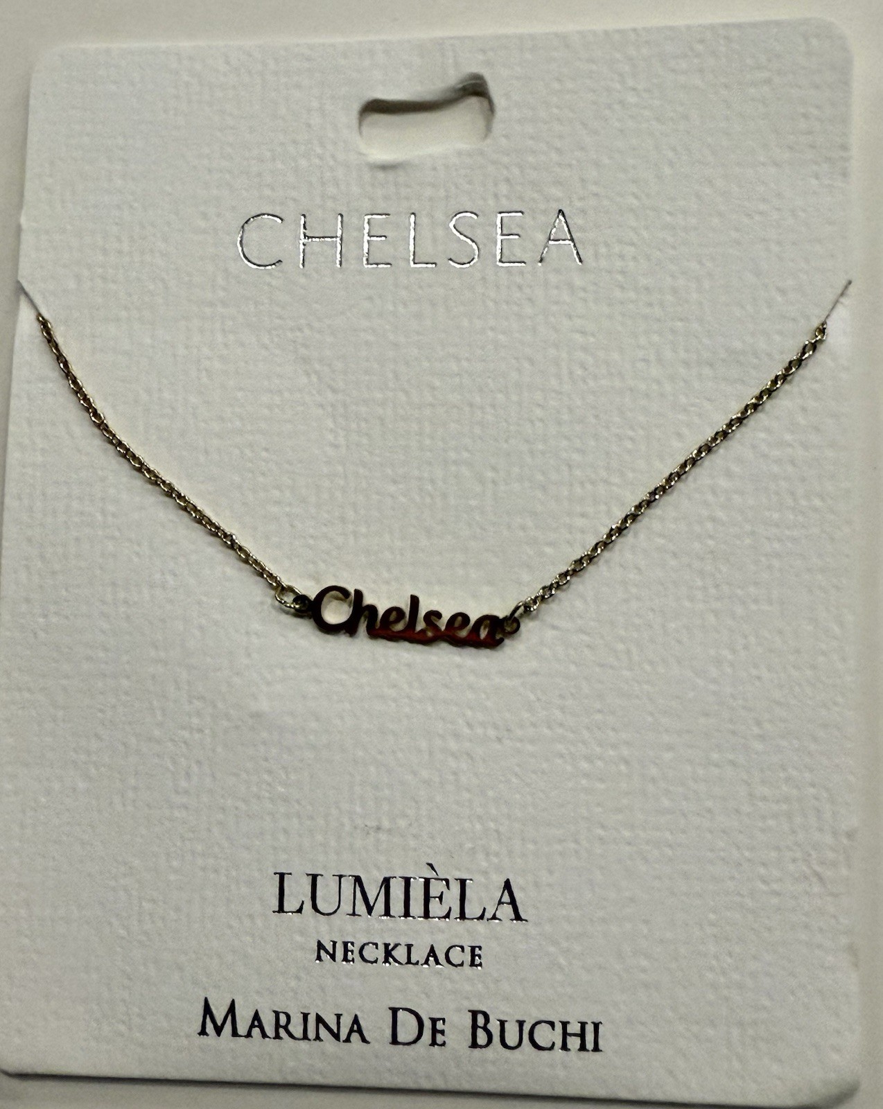 CHELSEA LUMIELA NAME NECKLACE MARINA DE BUCHI ADJUSTABLE LENGTH NICKEL FREE