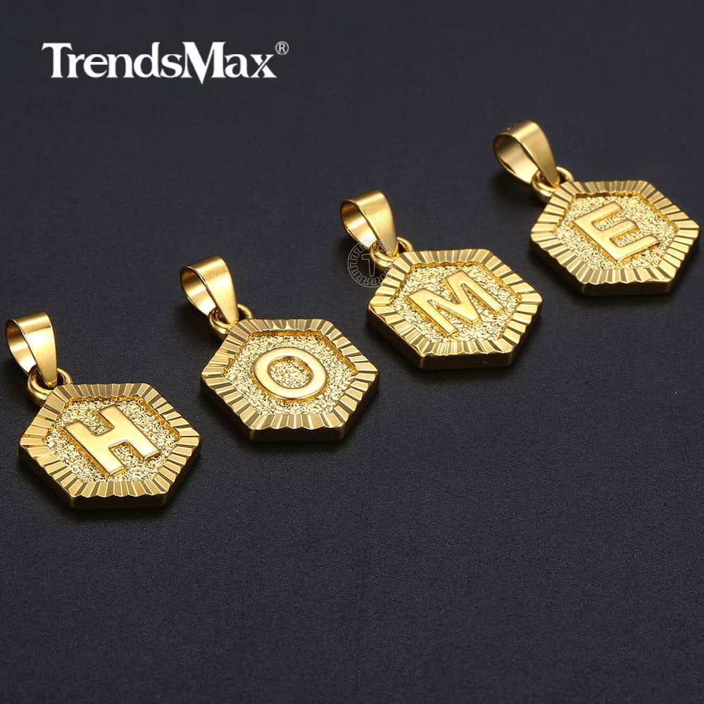Yellow Gold Filled Hexagon Initital Letter A to Z Pendant Charm for Womens Mens