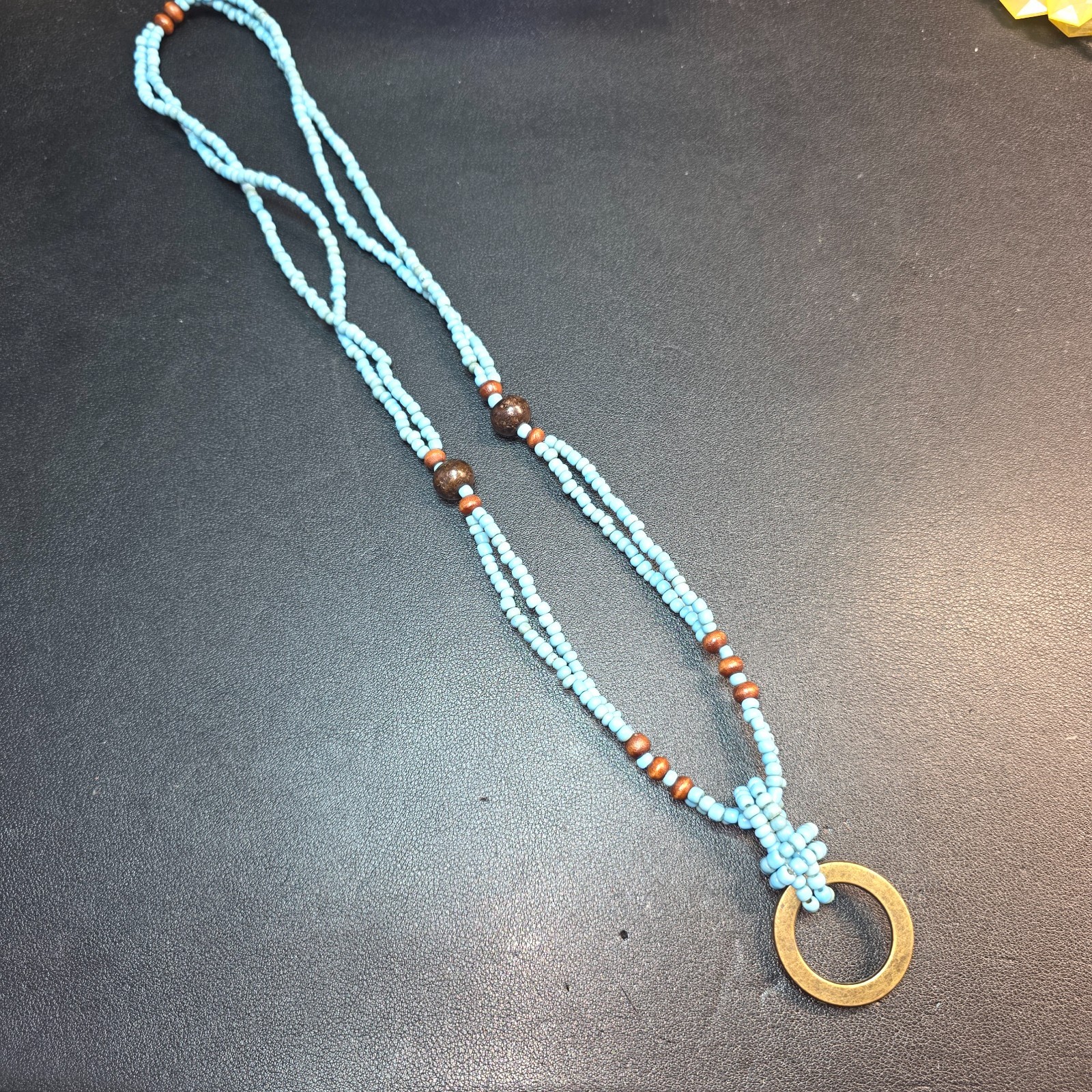 Boho Multi Strand Sky Blue Seed Bead Necklace Wood Accents Brass Ring 30″