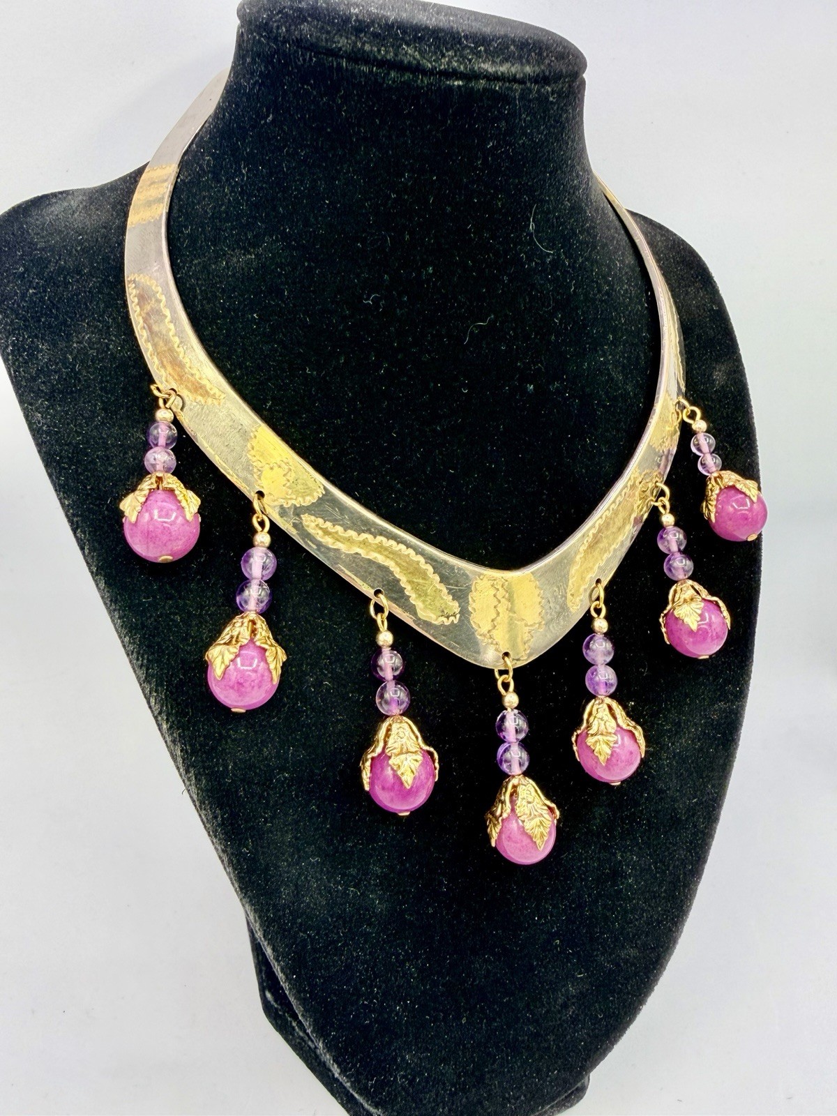 Vintage Gold Silver Choker Collar Necklace Fuchsia Pink Purple Imperfect PQ