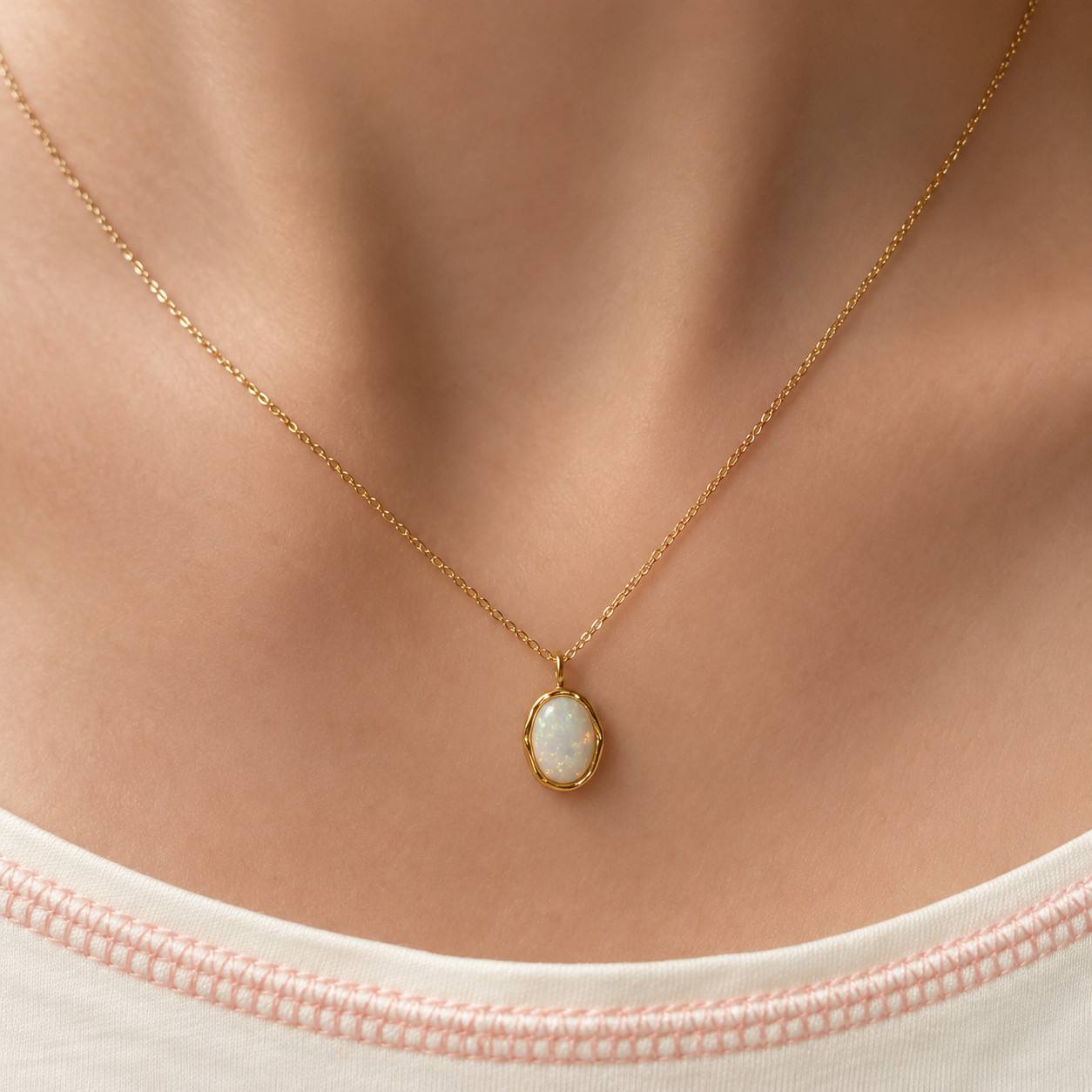 Iridescent Opal Pendant Necklace Gold Silver Tone Stainless Steel 40+5cm