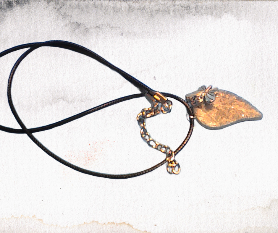 Handmade Leaf Resin Pendant Necklace Silver Butterfly Charm Black Cord 18″
