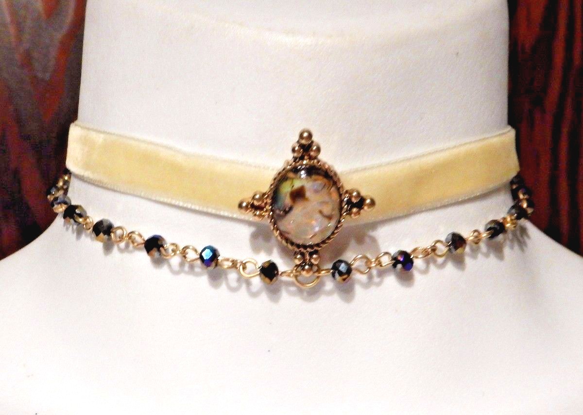 CREAM BEAD VELVET CHOKER art deco nouveau Flapper 1920s Great Gatsby Necklace 1Y