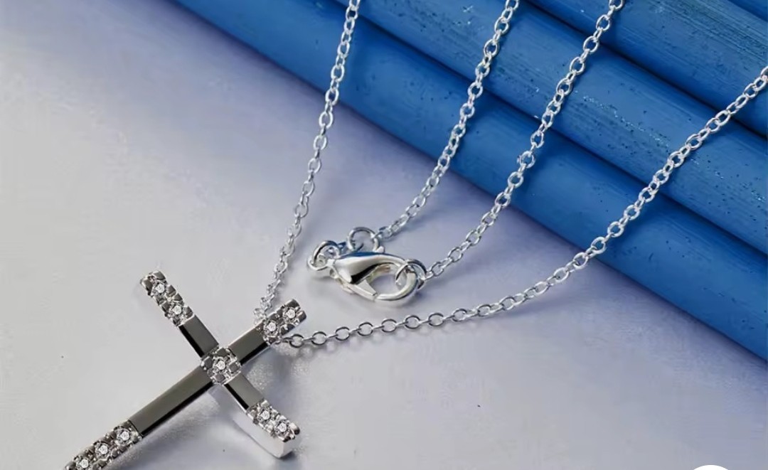 Rhinestone Cross Pendant Necklace Silver Plated Cable Chain, Crystal, Lobster