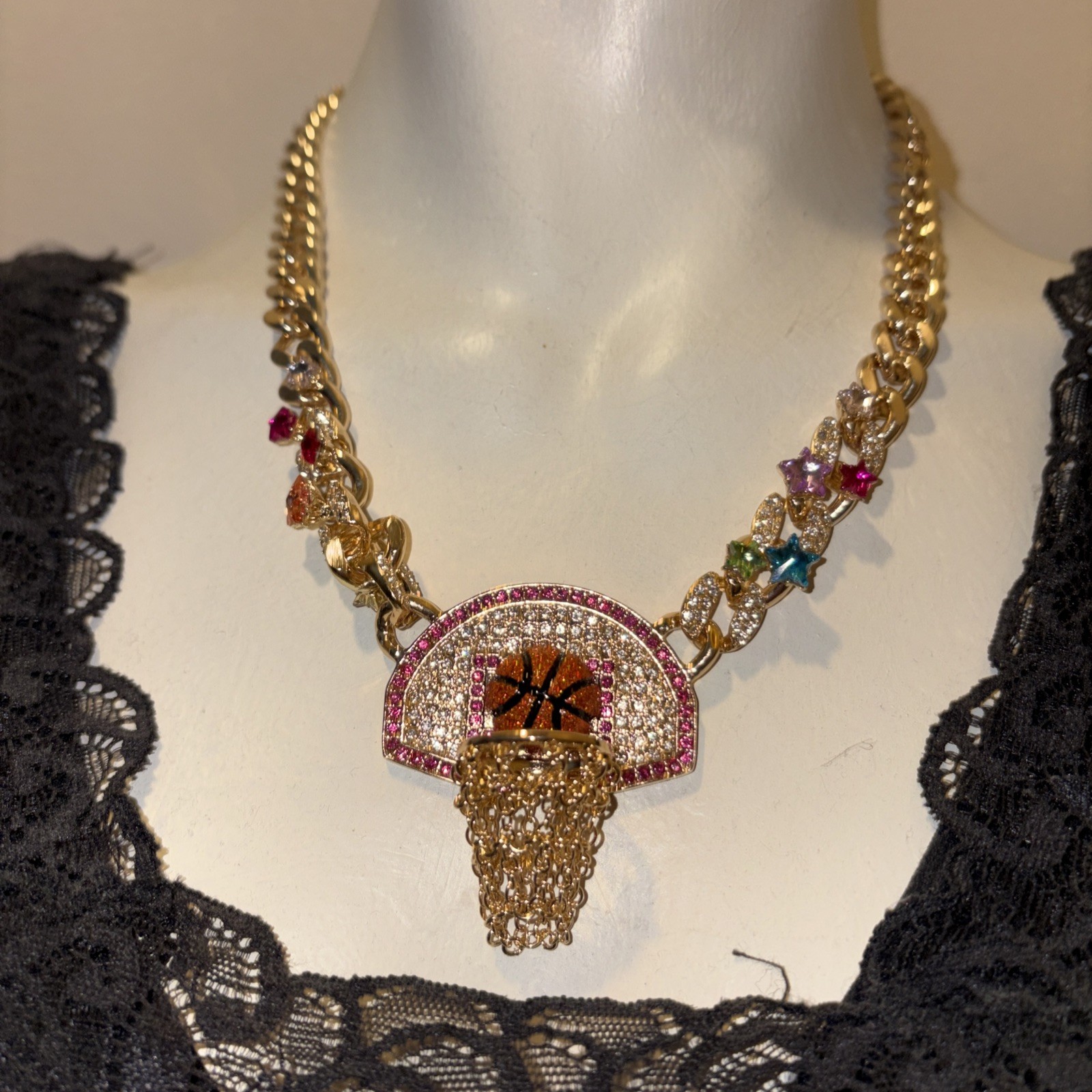 Betsey Johnson Necklace Gold Tone Basketball Hoop Drop With Orange Glitter Balls