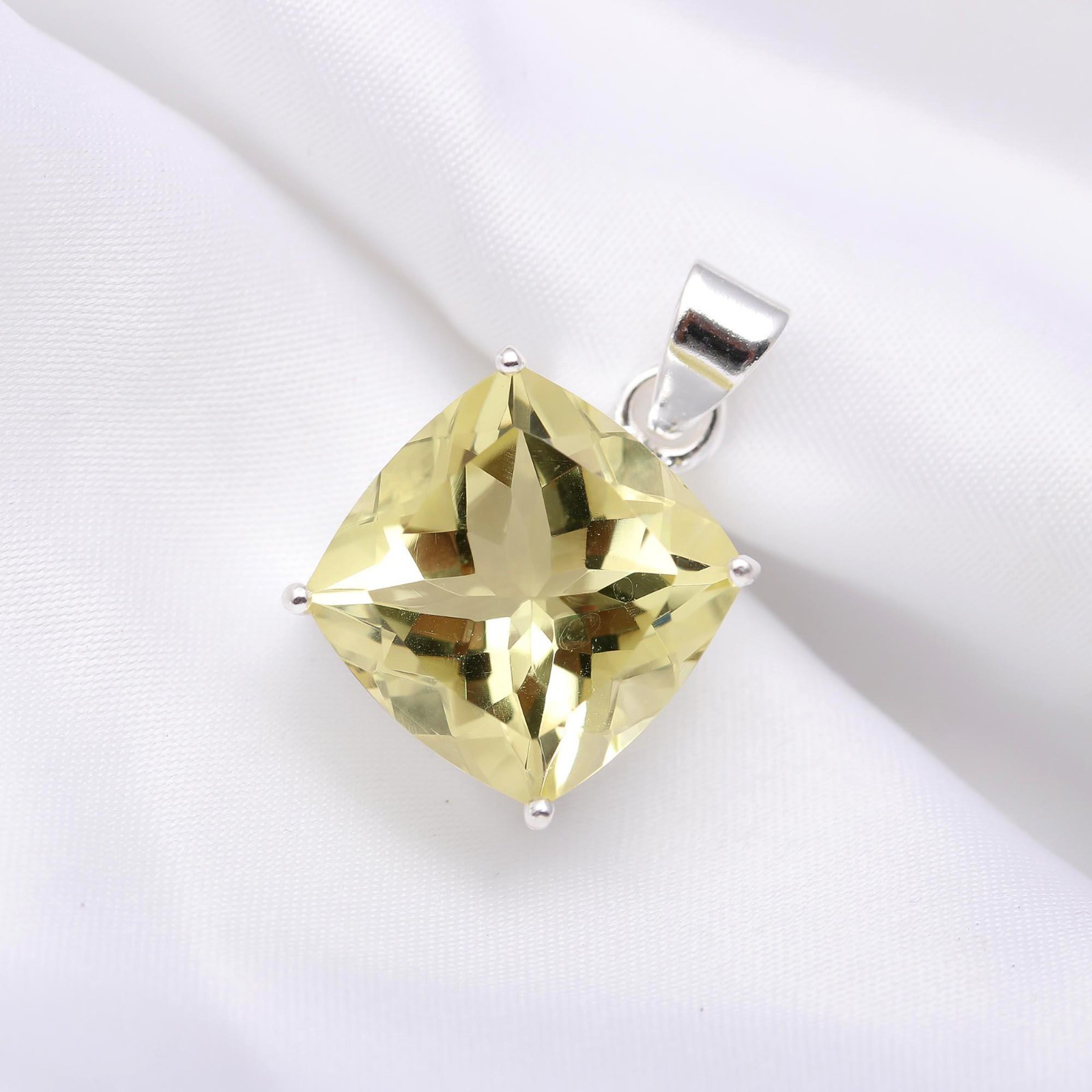 Natural Lemon Quartz Cushion Pendant 925Sterling Silver Handmade Jewelry For Her
