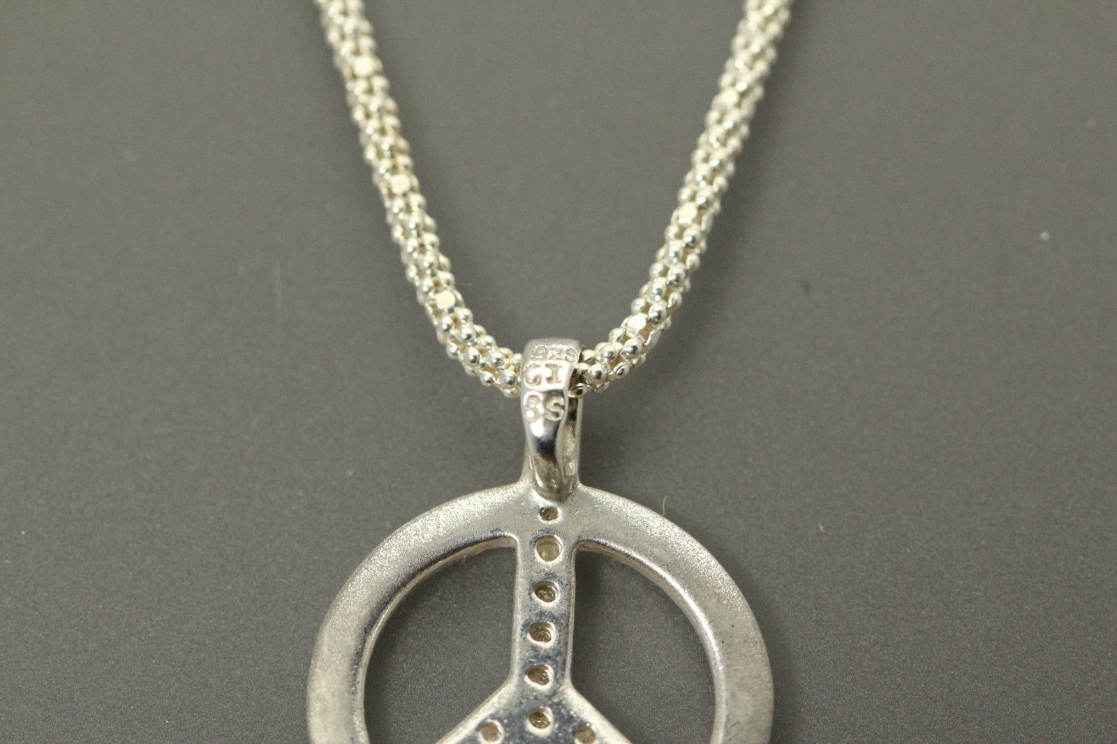 Diamond Peace Sign Sterling Silver Popcorn 18″ Chain 1.7mm wide 6.5g (NEC5823)