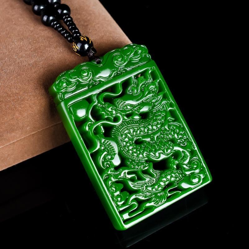 Natural Hotan Jade Jasper Carved Dragon Flying World Pendant Sweater Chain
