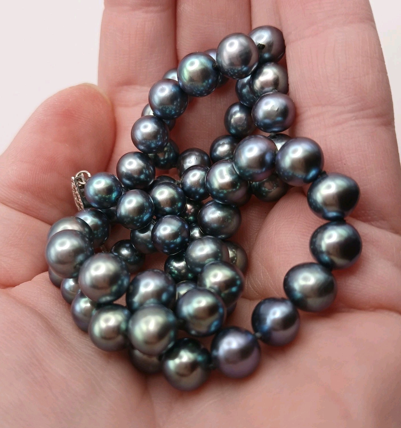 Peacock Black Blue Pearl Necklace “20 White Gold Filled Clasp Hand Knotted 7.5mm