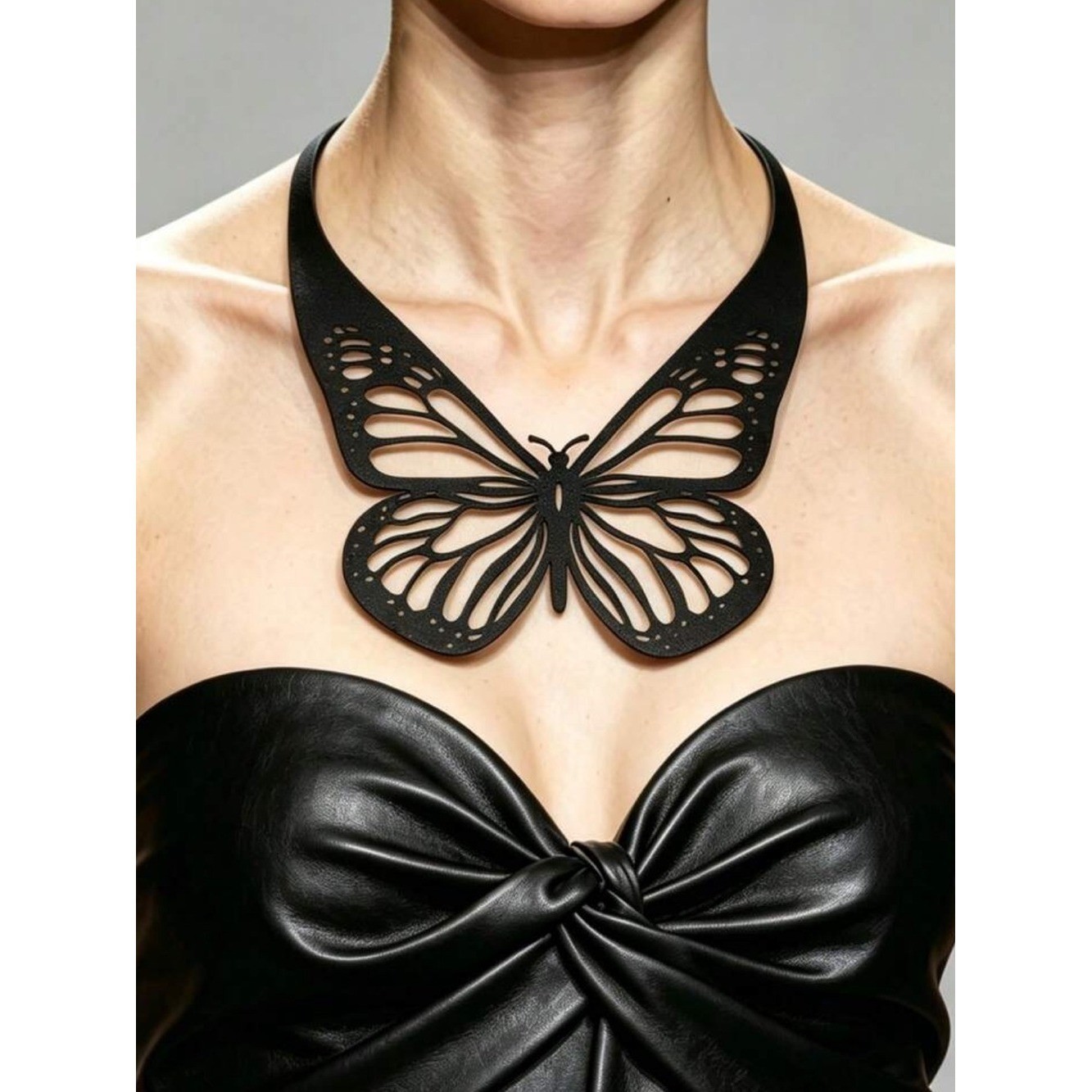 Hollow Carved Butterfly Choker, Black Double-Layer PU Leather Gothic Style