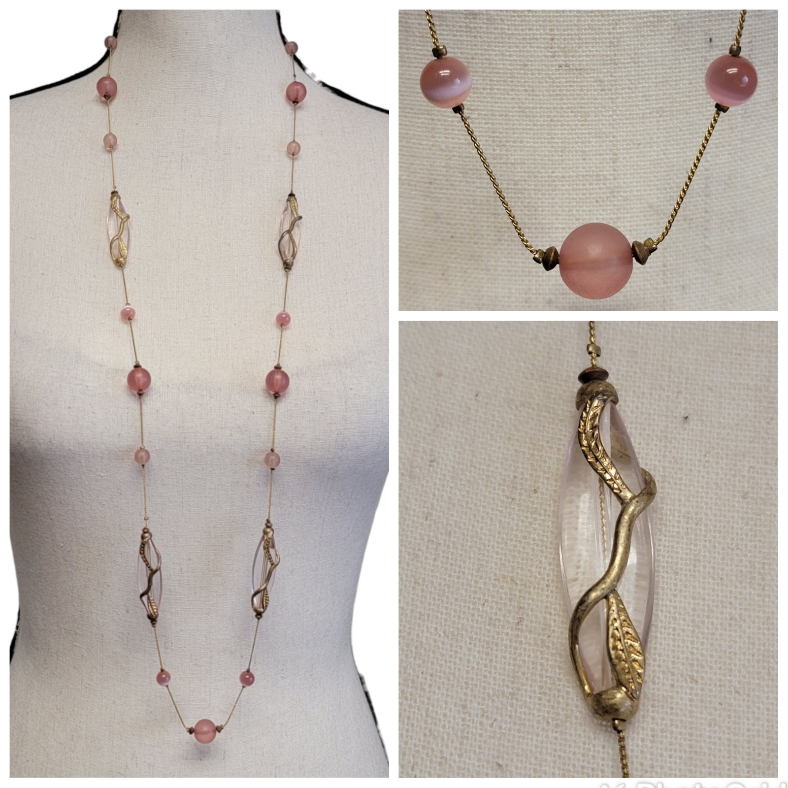 VTG Station Necklace 40″ Pink Gold Tone Beaded Frosted Metal Wrapped Leaves