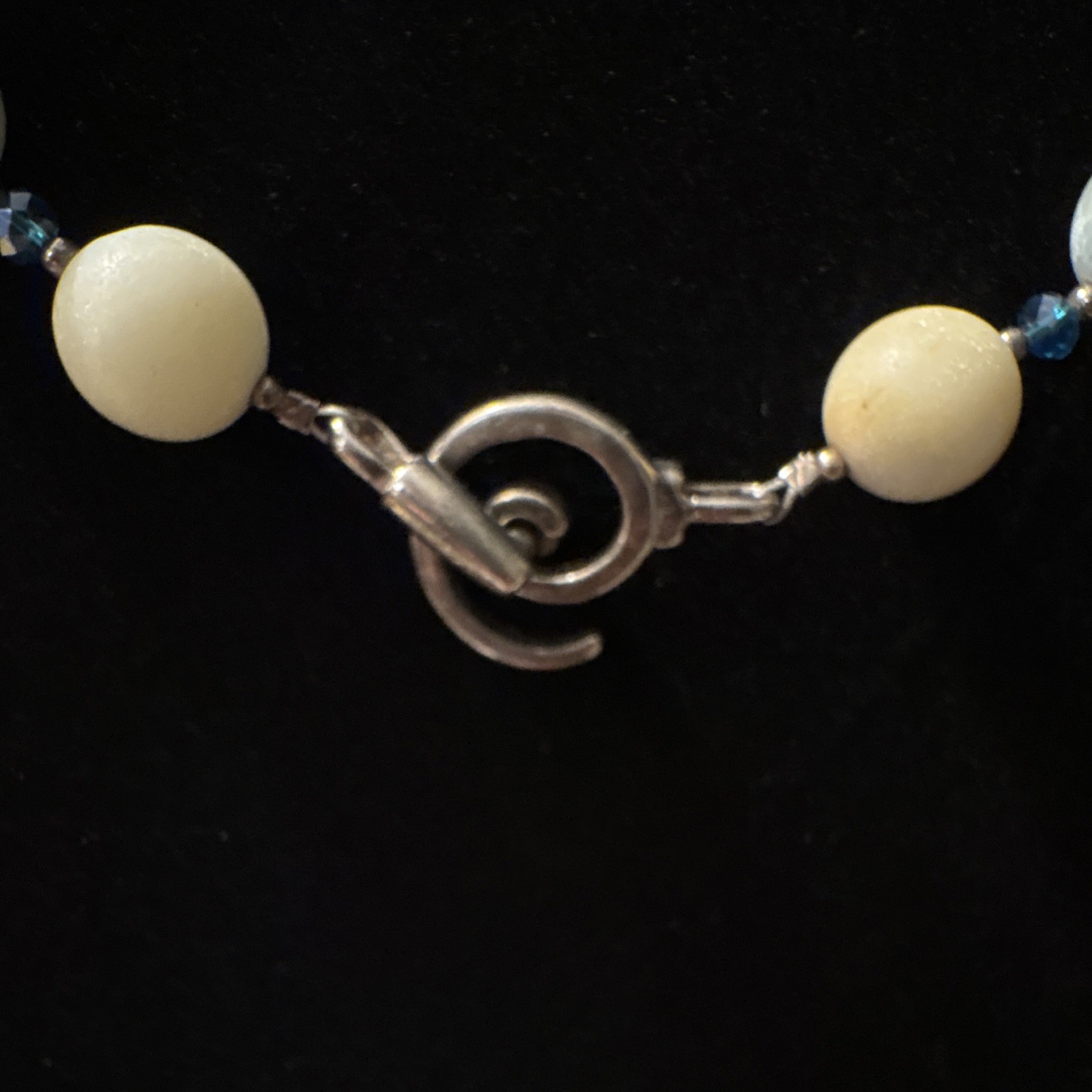 Handmade Blue/White Glass & Stone Beaded Necklace 20 in Ball/Bead Toggle