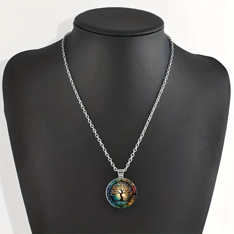 Bohemian Tree of Life Pendant Necklace – Silvery Glass & Zinc Alloy