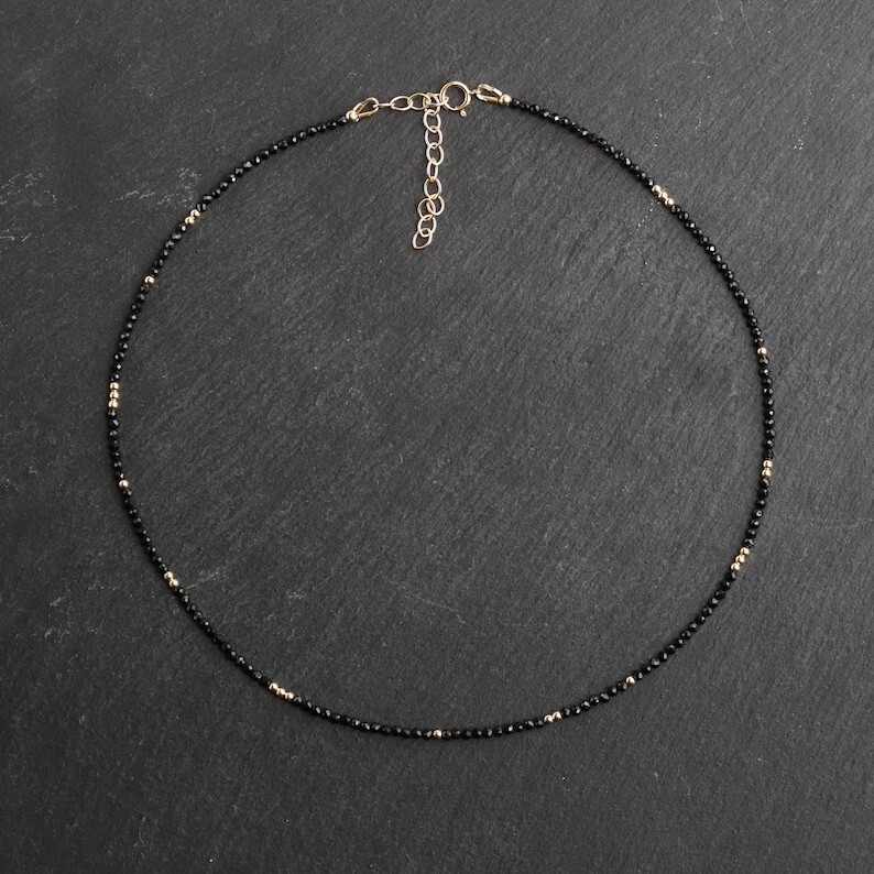 A+++ Nature Black Spinal Faceted Round Gemstone Beads Gold Filled Necklaces 18”