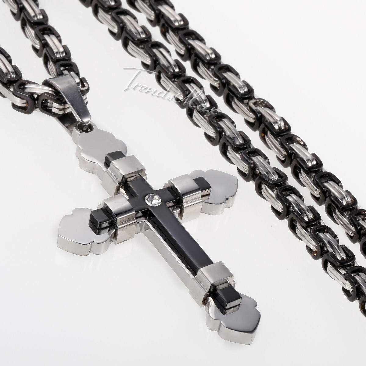 18-30″ Mens Stainless Steel Chain Necklace Cross Pendant Black&Silver Byzantine