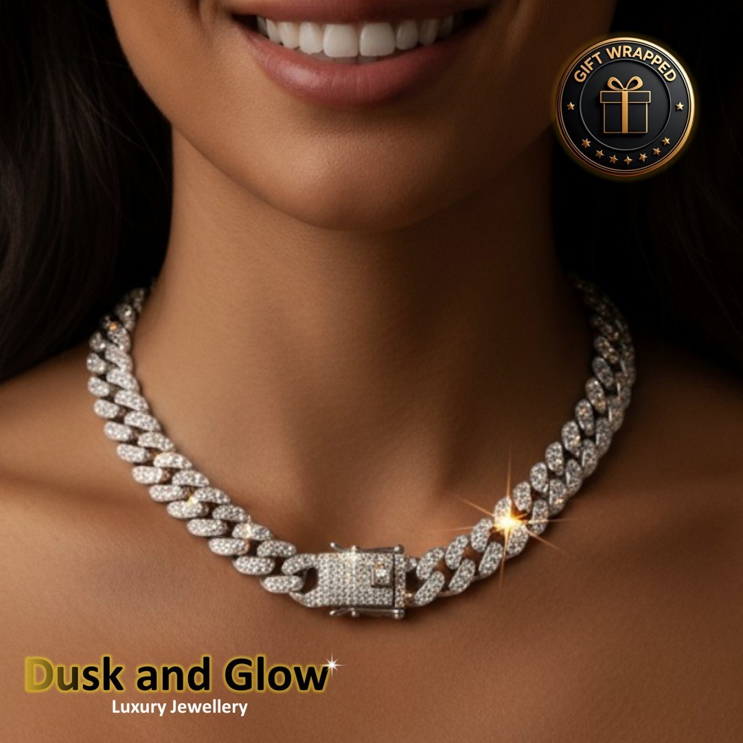 Silver Cuban Chain Jewellery Gift Set Luxury Necklace Bracelet Earrings Women UK