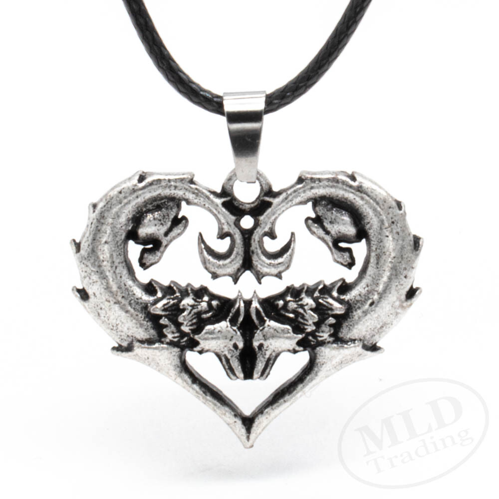 Silver Zinc Alloy Wolf Wolves Love Heart Pendant Necklace For Women w Black Cord