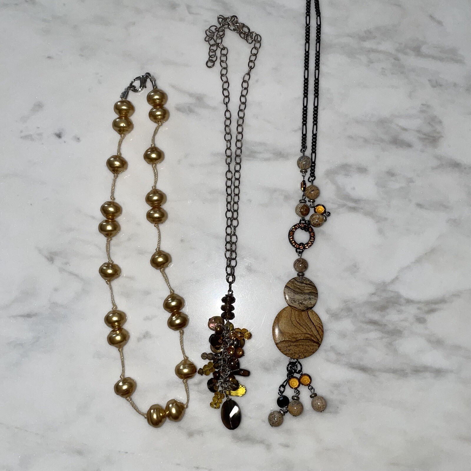 Set Of 3 Bohemian Western Gold/Brown Natural Stacked Necklaces