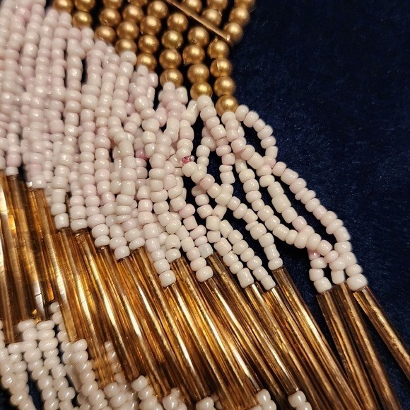 ALDO 1990s Multi Strand Statement Beaded Necklace Gold Blue Yellow Tribal Style