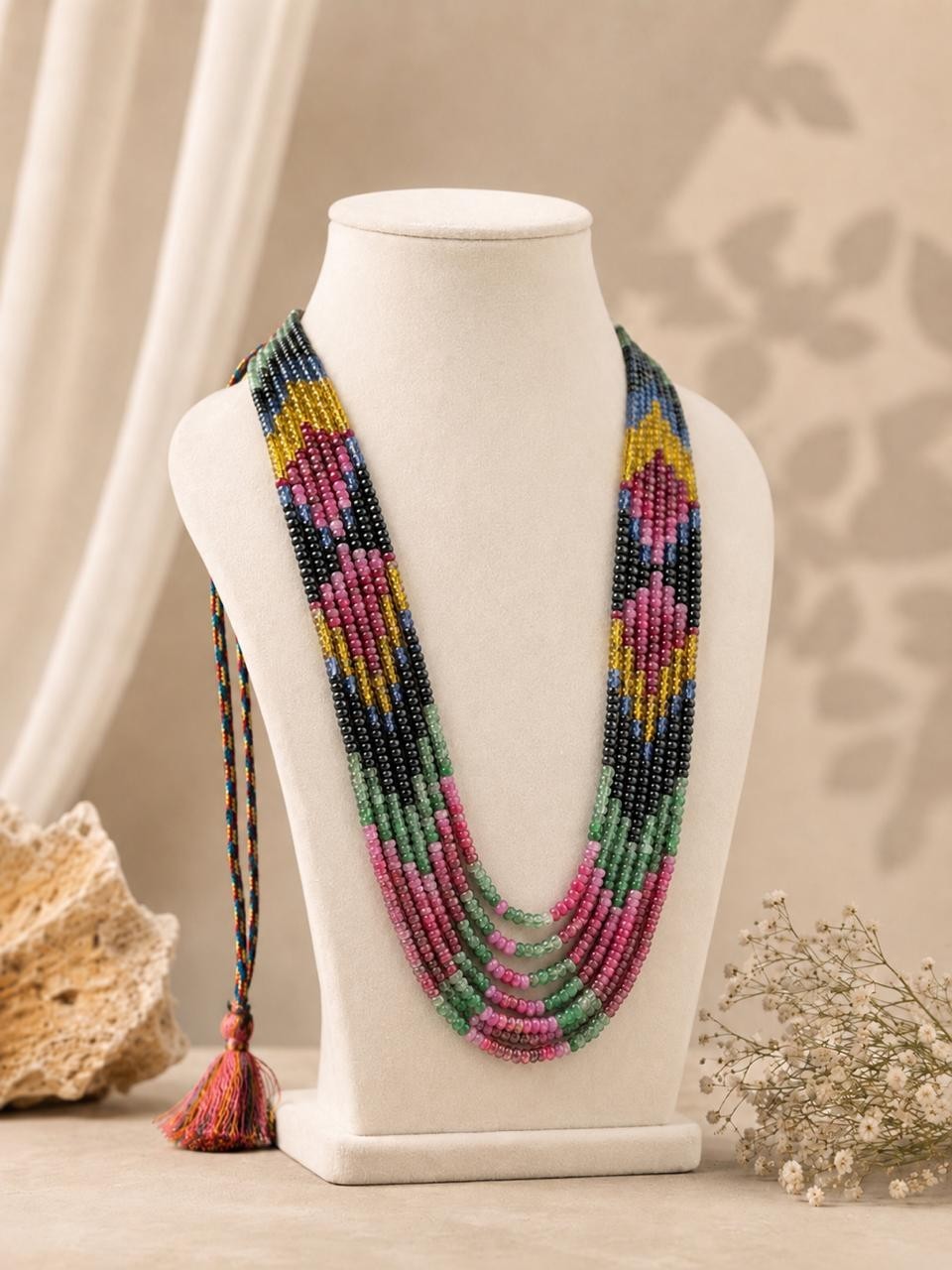 Natural Multi Color Tourmaline Rondelle Gemstone Silk Knotted Layered Necklace S