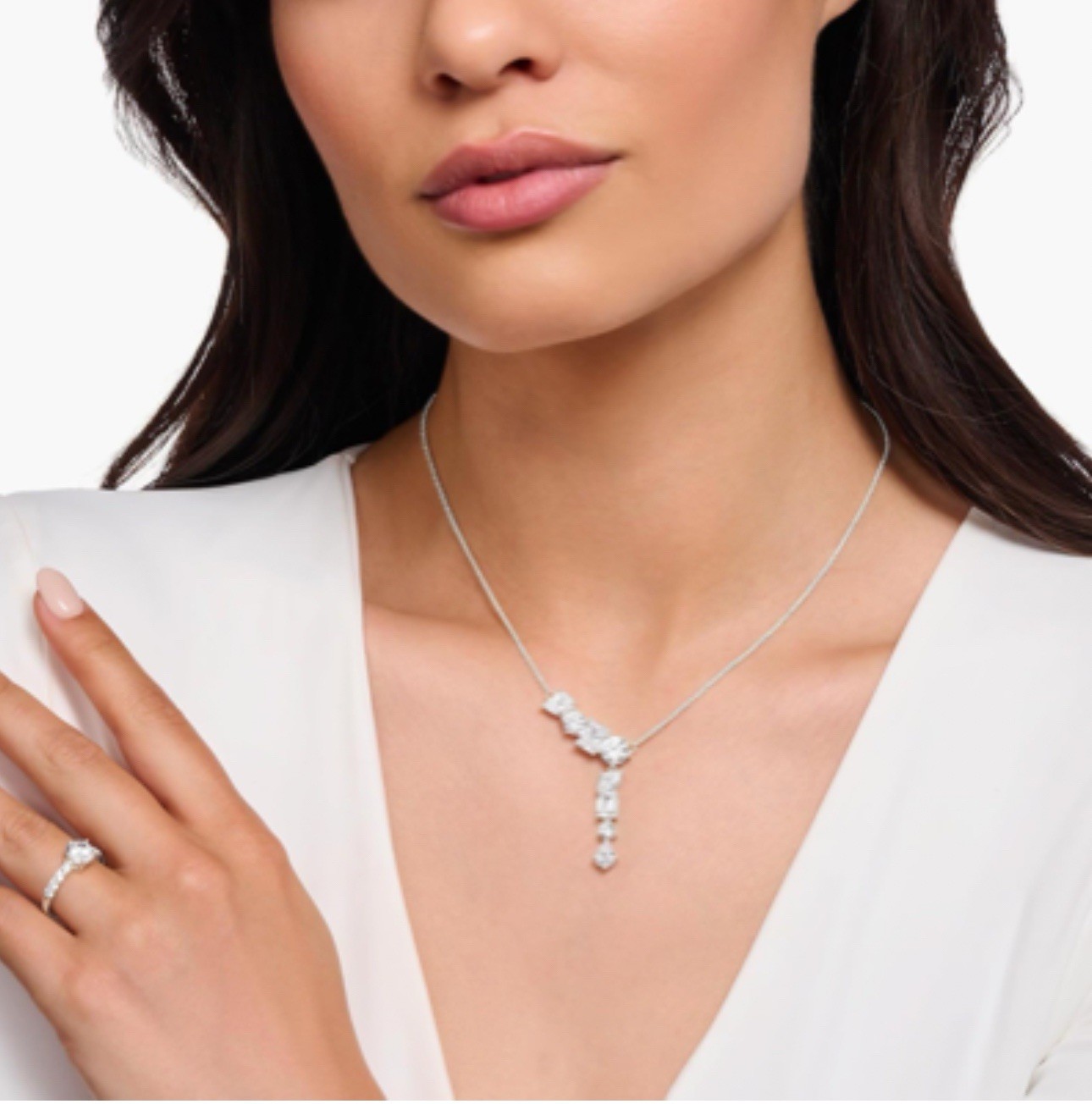 Thomas Sabo Necklace Silver Y-Shape With Eight Zirconia Crystals 45cm NEW