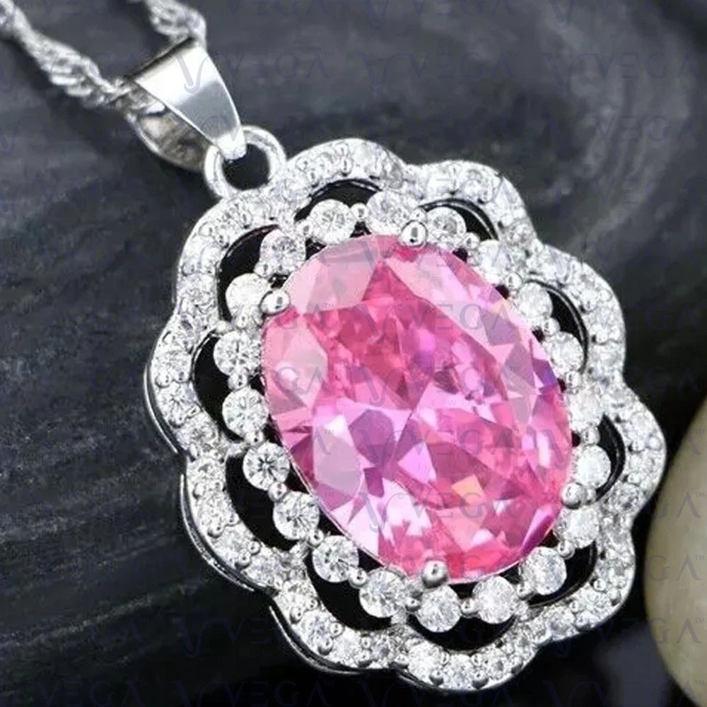 3.11 Ct Oval Cut Pink Sapphire Pendant Wedding Pendant 14K White Gold