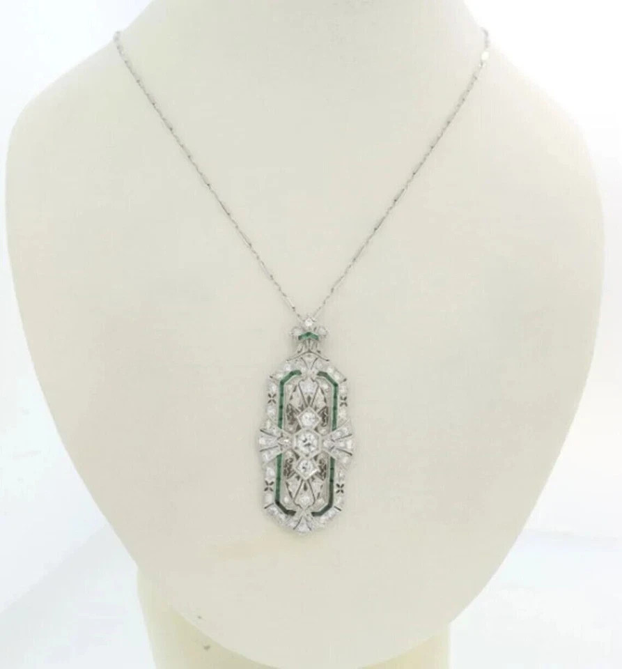 3Ct Art Deco Style Lab Created Diamond & Emerald Enagagement 925 Silver Pendant