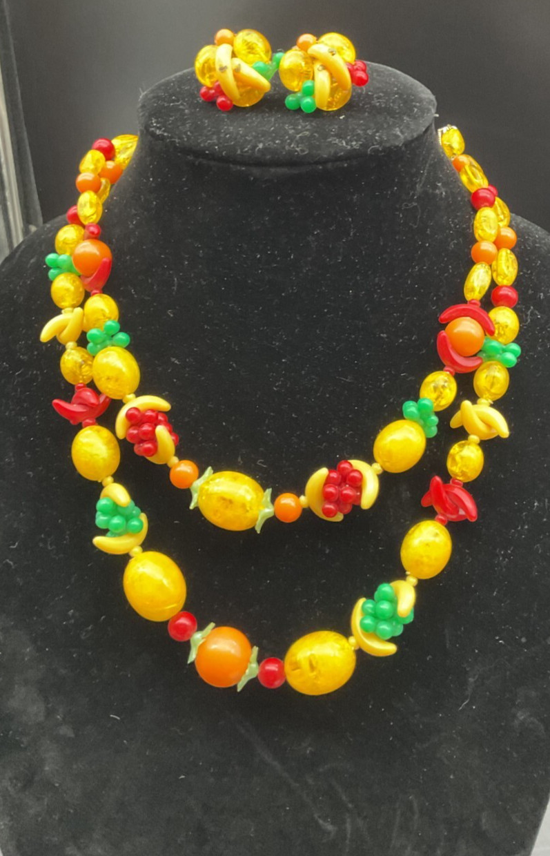 Vintage Yellow West Germany Fruit 2 Strand Necklace w/Matching Earrings