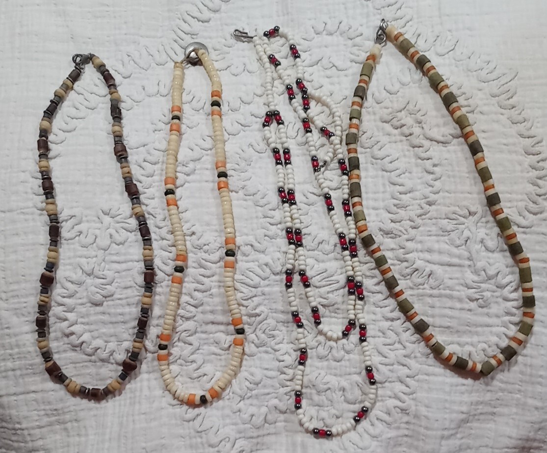 Lot of 4 Bohemian Necklaces Mixed Materials Wood Beads Clay Other 8″ to 10″