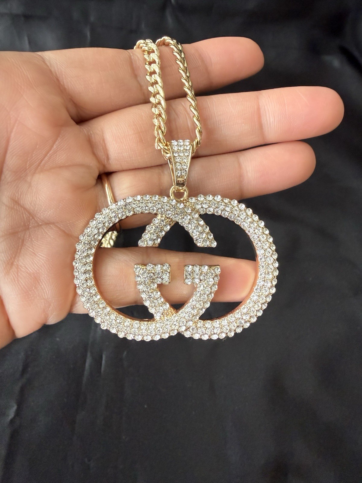 Gold Tone Necklace Iced Out Rhinestone Hip Hop Rap Statement 16”