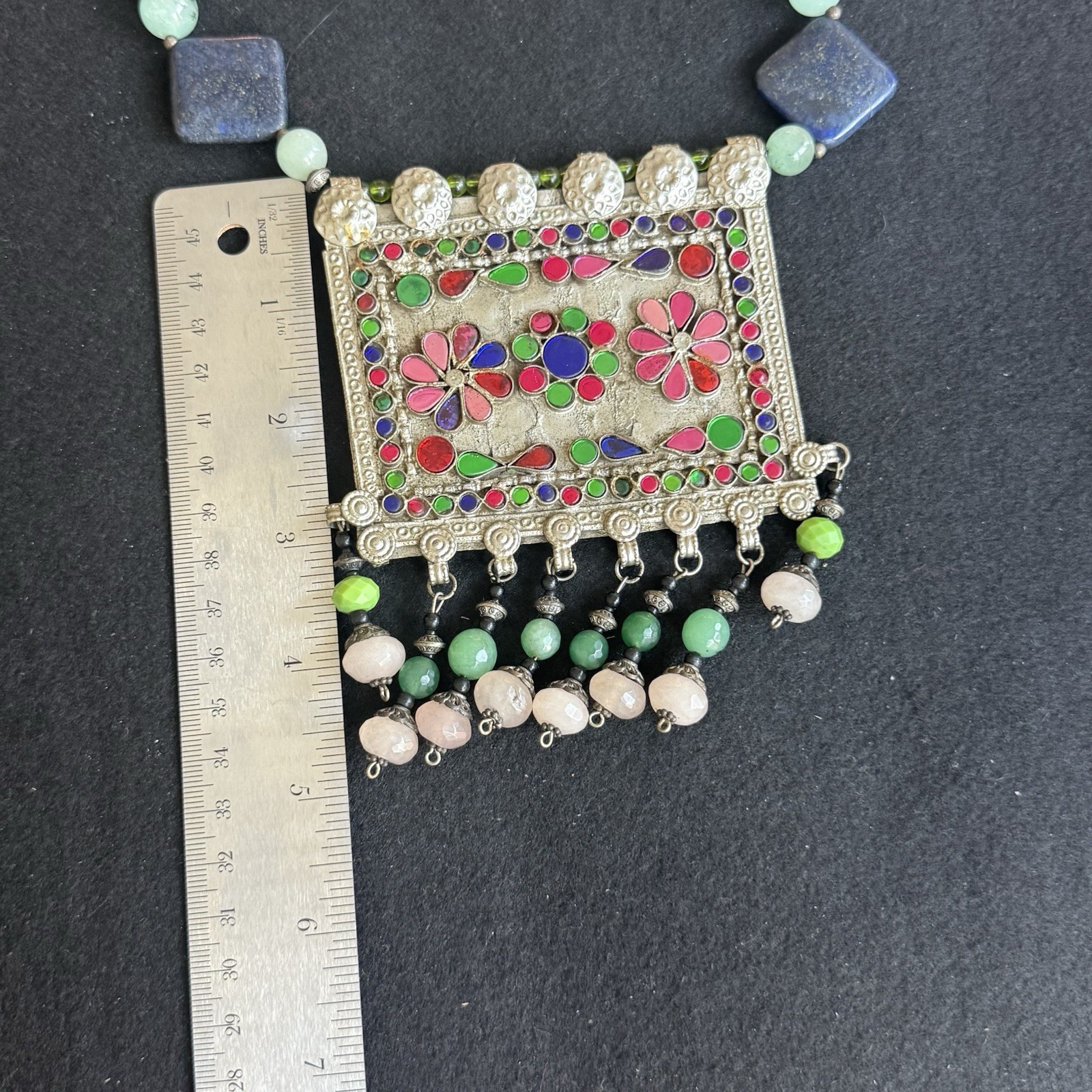 Multicolor Beaded Statement Necklace Silver Rectangle Floral Charm Dangle