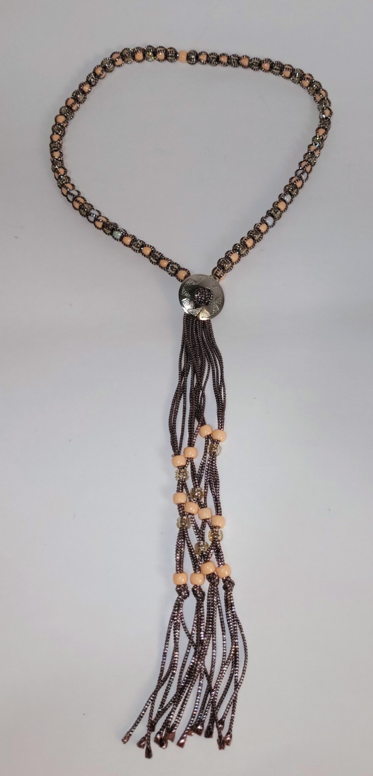 Vintage Western Bolo Tie Brown Silver Cord Silver Tone Concho Beaded Necklace