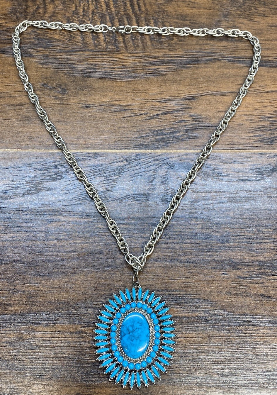 Turquoise Style Statement Pendant Necklace Silver Tone Boho 24” Chain