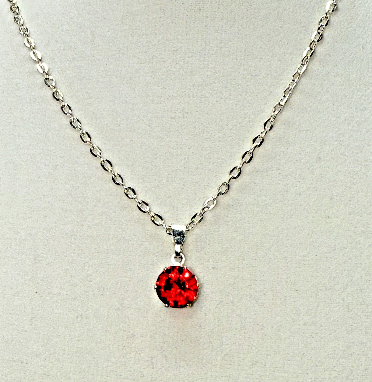 Silver Dainty Necklace Round Red Stone Pendant Solitaire Ruby Garnet Style