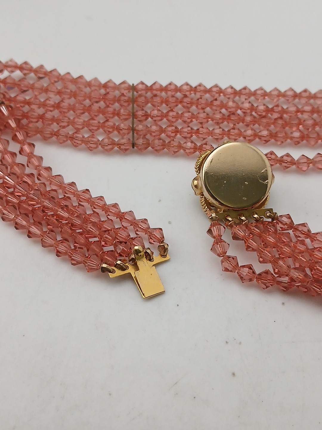 ROYAL ELEGANCE gold tone clear stones 5 strand peachy pink bicone beads chocker