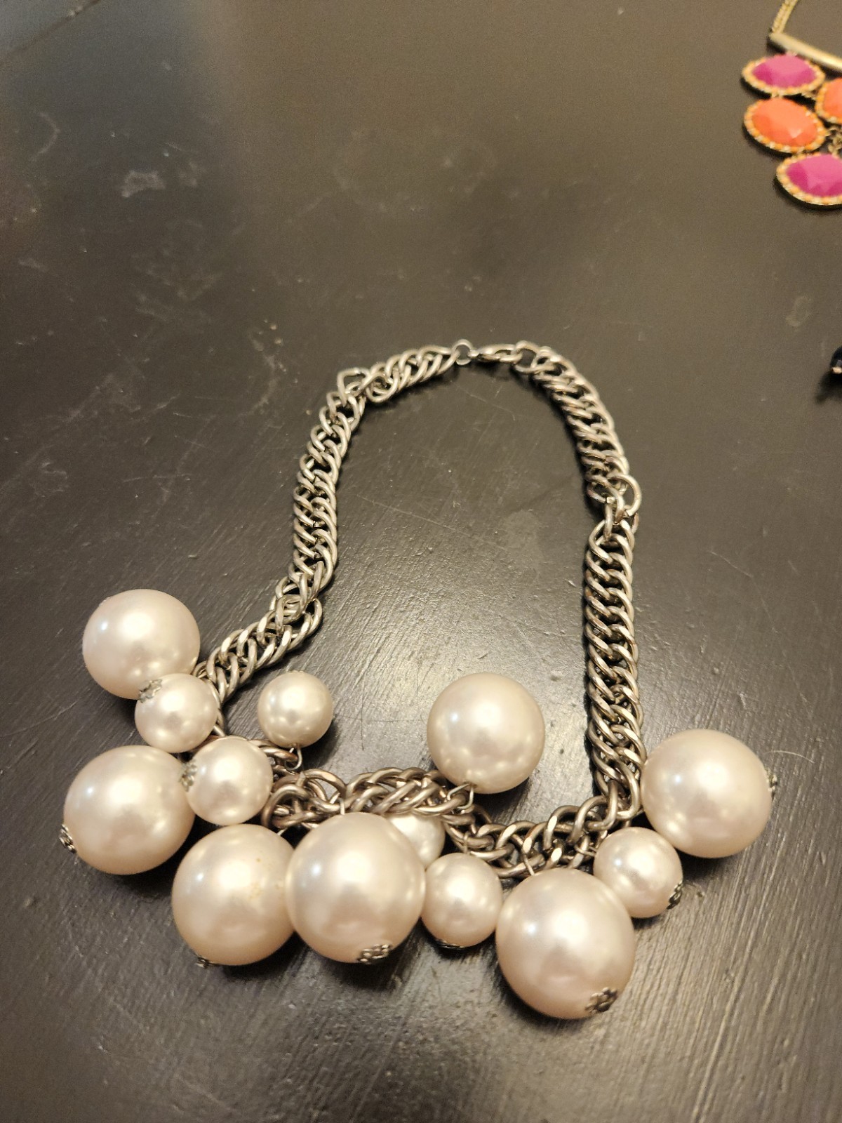 Silver-Tone Curb Link Chain Statement Necklace White Simulated Pearl Cluster