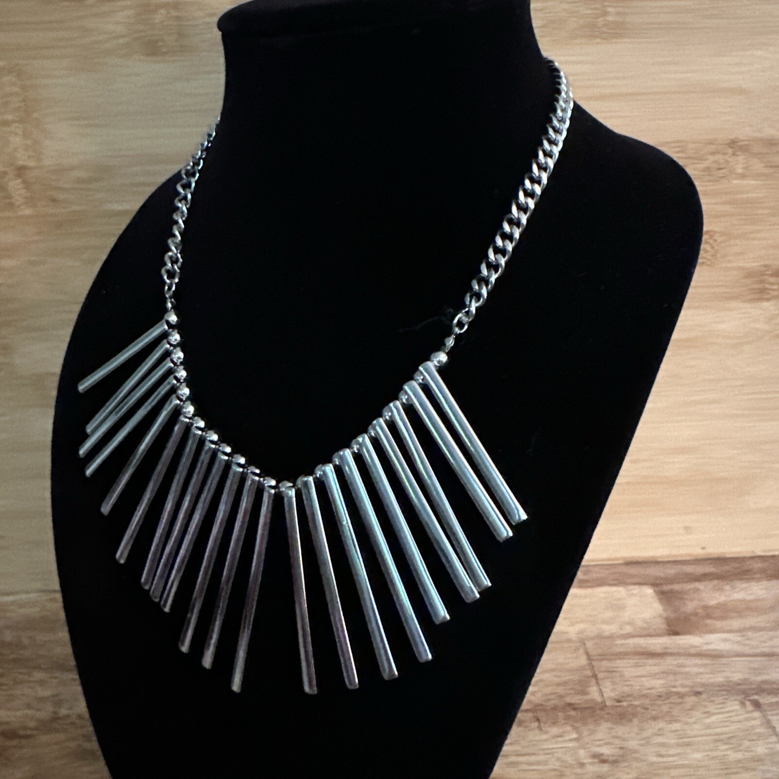 Bar Spike Collar Statement Necklace Silver Tone Chain 17-21” Modern Jewelry
