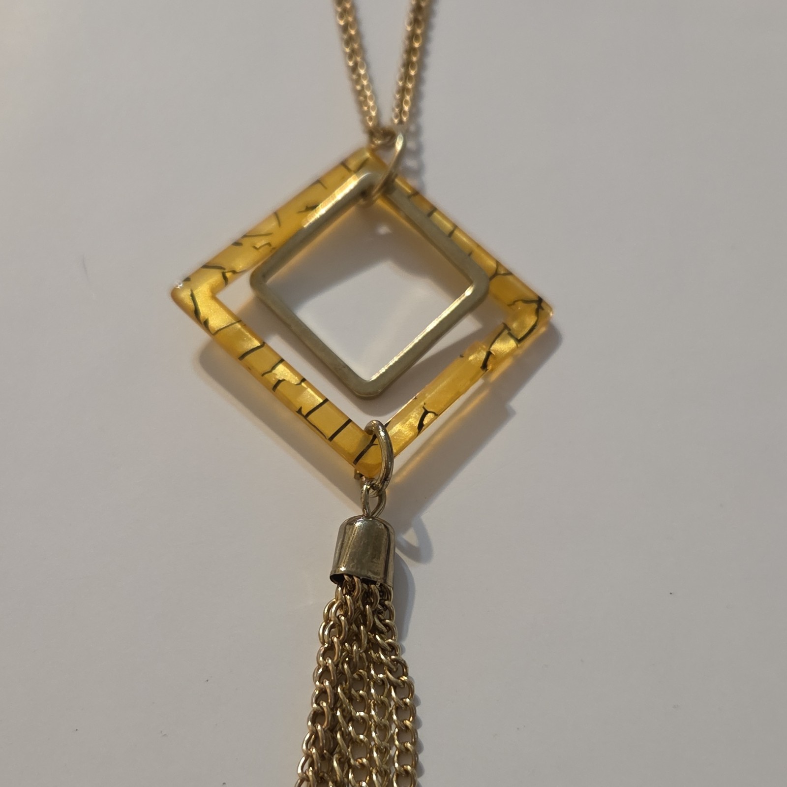 Gold Tone Metal Chain Necklace w/ Square Tassel Pendant, No Stone