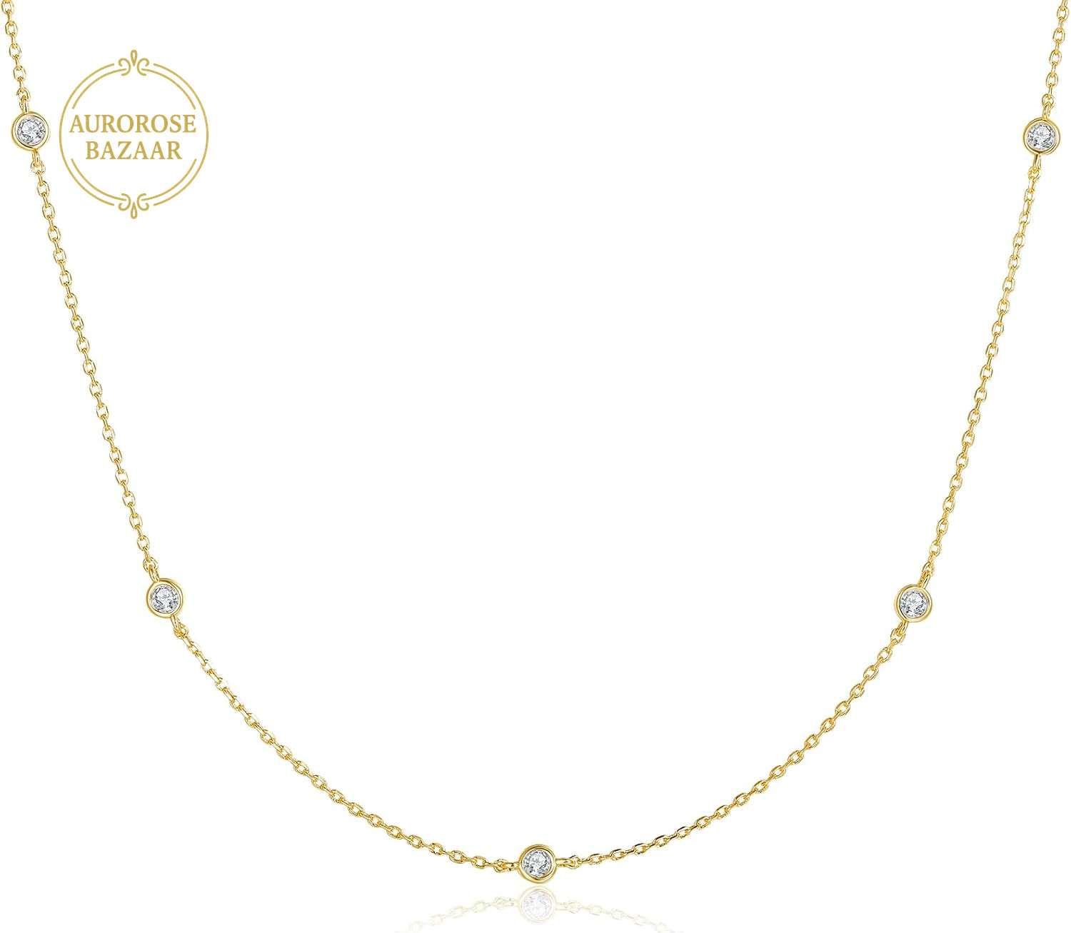 14K White/Yellow Gold Plated Station Necklace | Cubic Zirconia Dainty Chain Neck