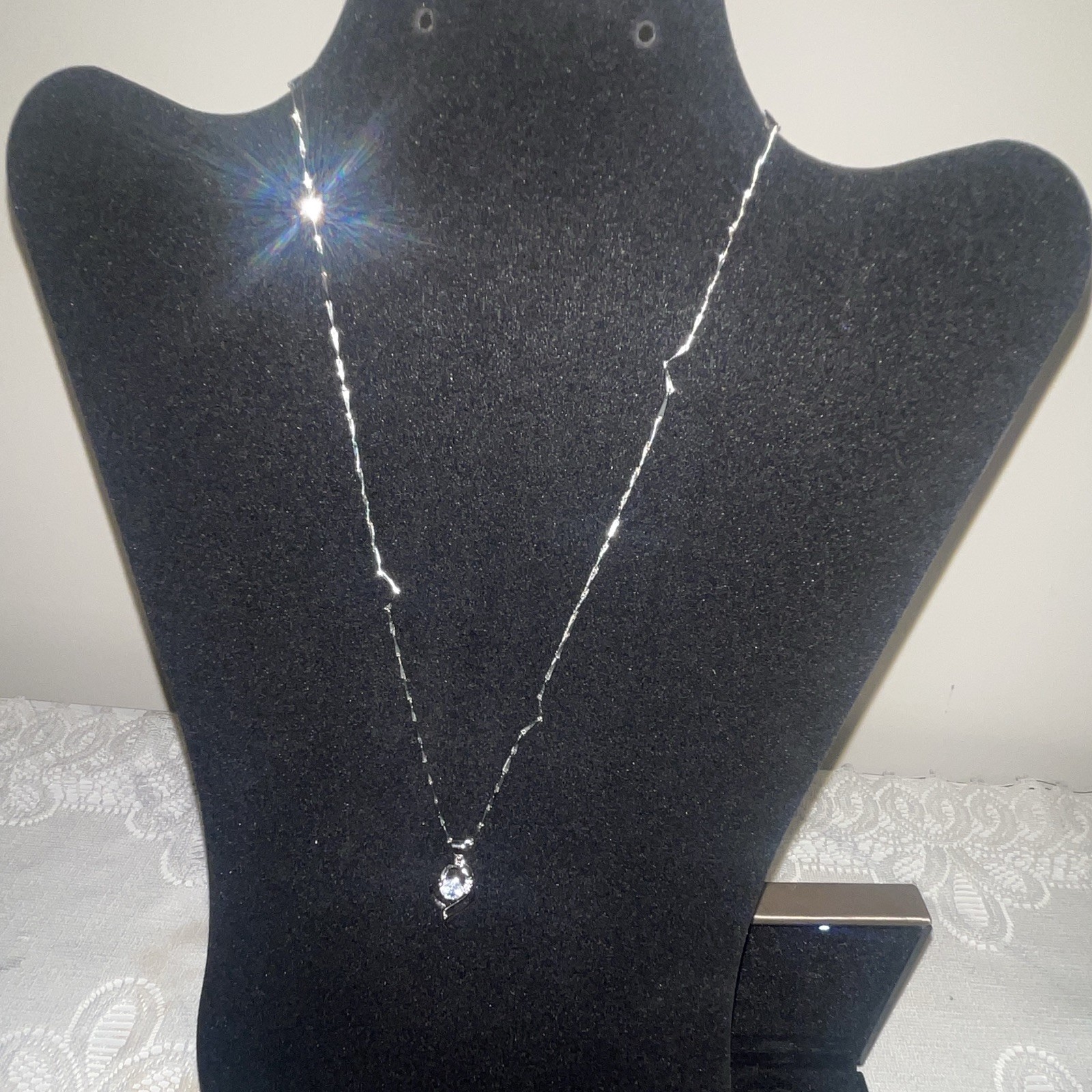 Silver Tone Cable Chain Necklace Round Clear Crystal Charm Pendant