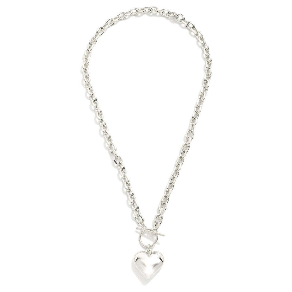 Silver Toggle Heart Necklace Bubble Heart Pendant Chain Link Necklace