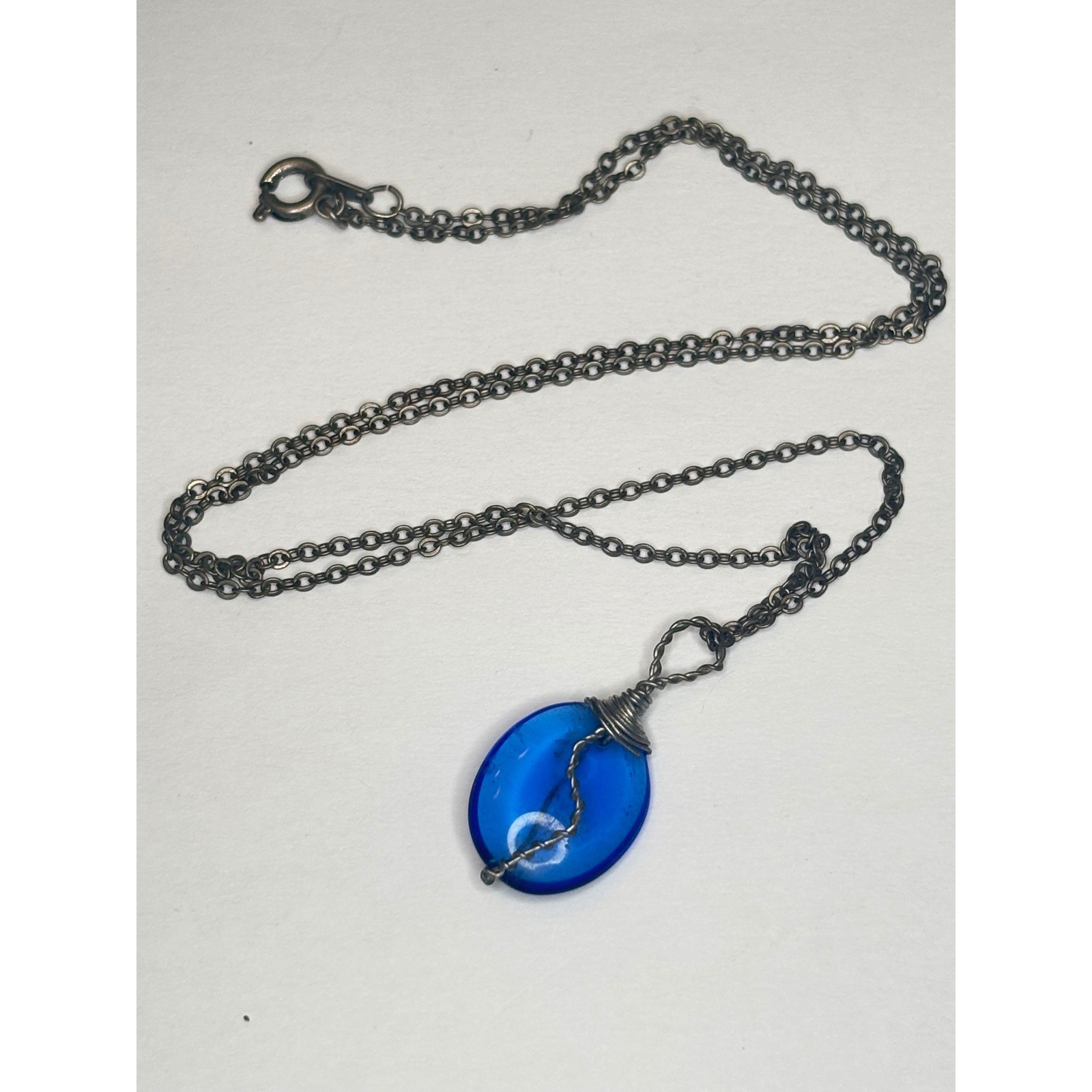 Handmade Cobalt Blue Glass Wire Wrapped Pendant Necklace 18″ Silver Tone Chain