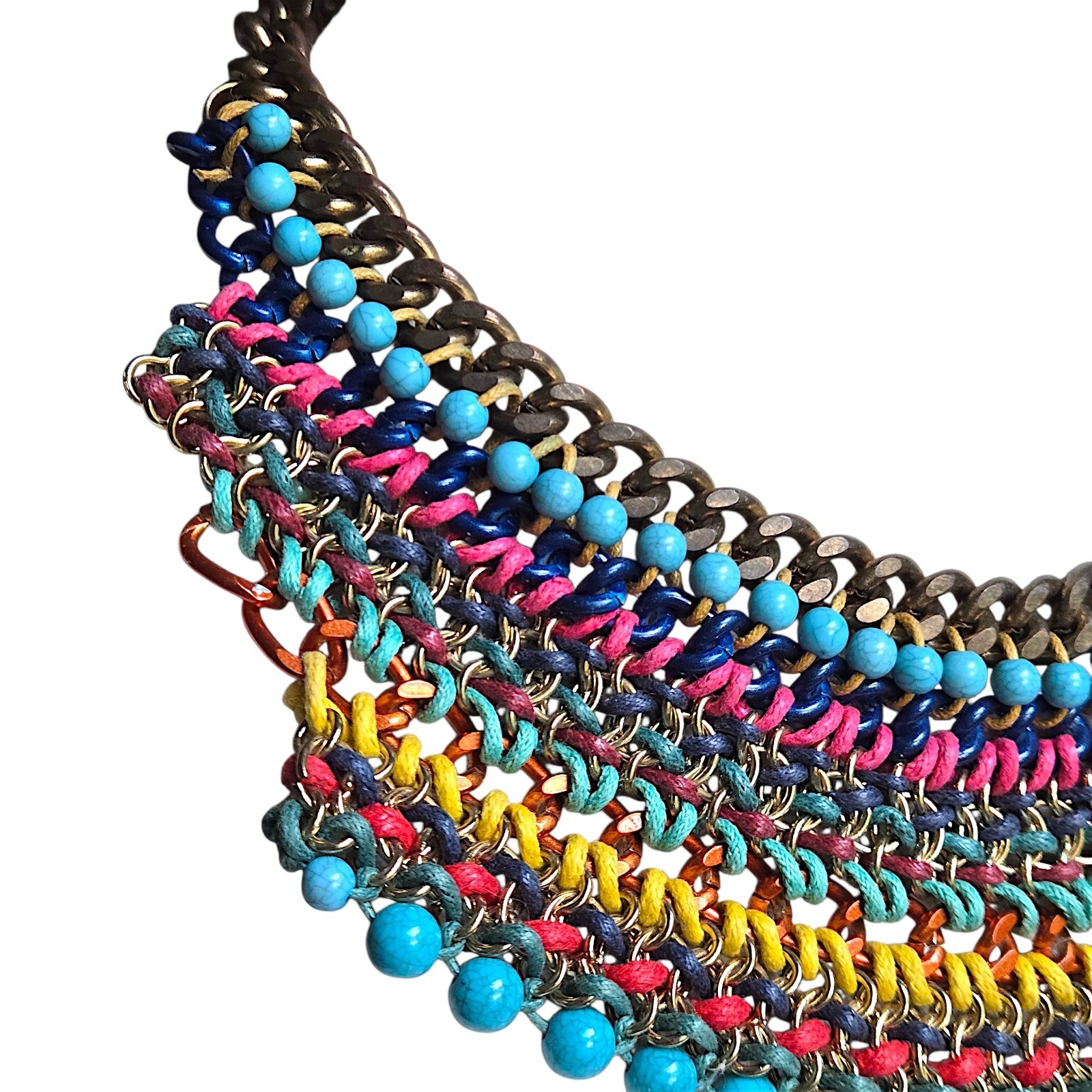 Aldo Multicolor Woven Cord Bib Necklace Mixed Metal Chain Beaded Boho 18″