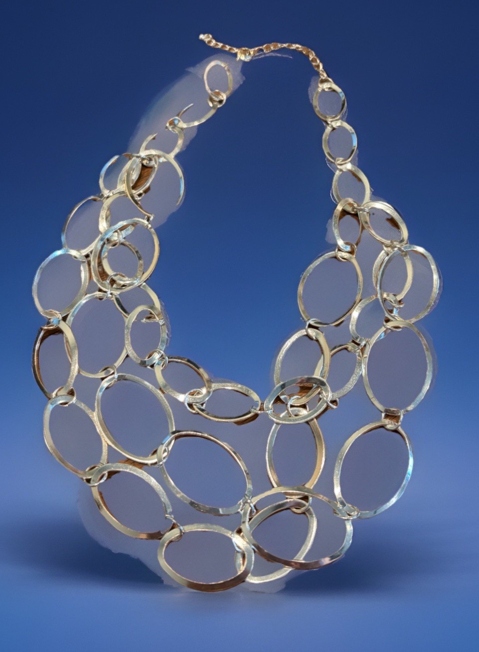Chunky Silver Oval Link Bib Necklace Multi Strand Statement Costume Jewelry