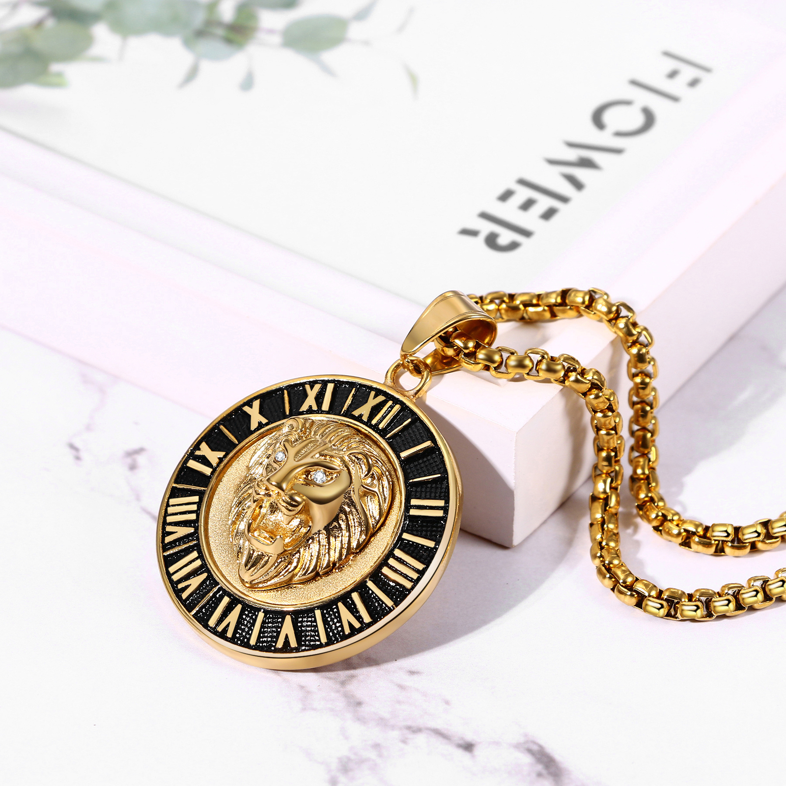 Mens Boys Hip Hop Gold Tone Lion Head Stainless Steel Pendant Necklace Chain 22″