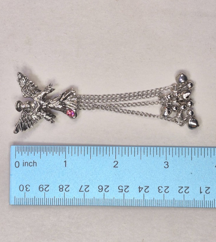 Silver Tone Guardian Angel Pendant w/ Pink Rhinestone & Dangle Beads 3.75″